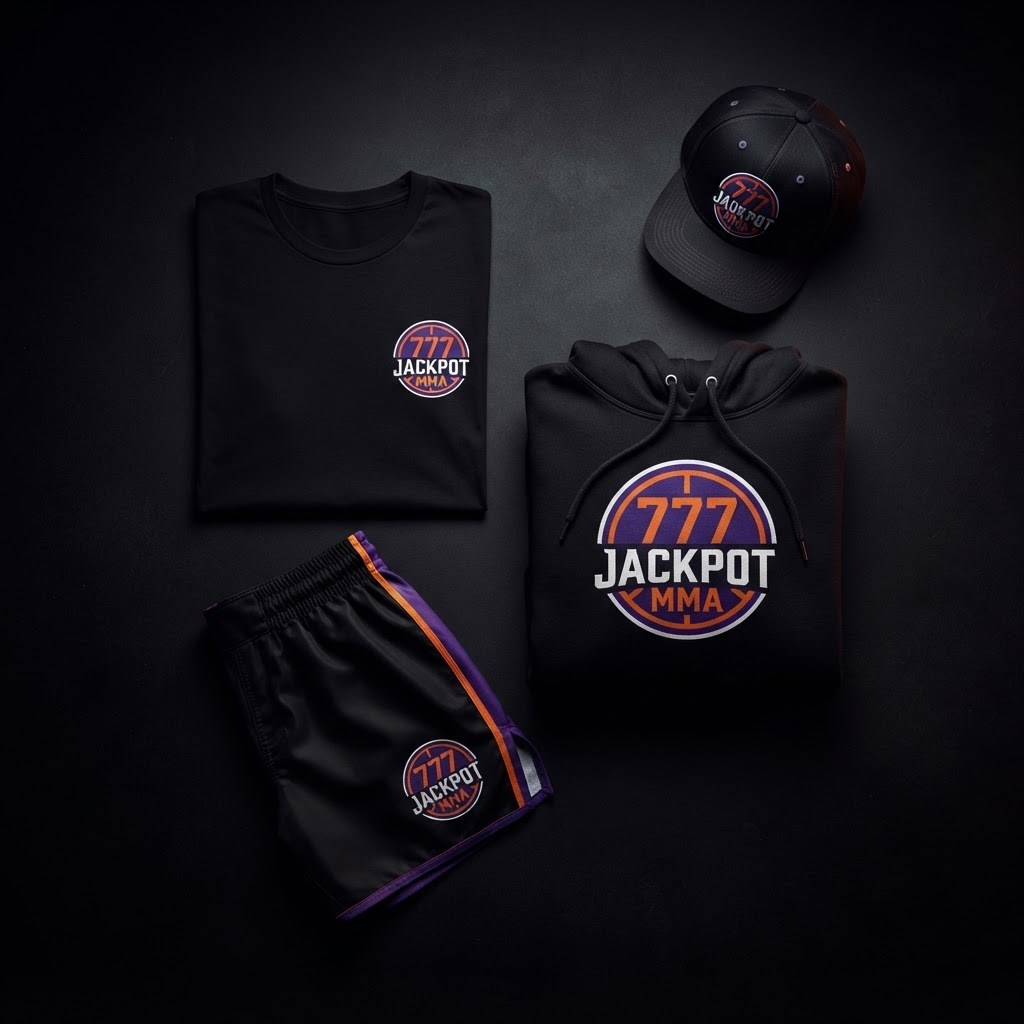 Jackpot MMA apparel collection featuring t-shirt, hoodie, fight shorts, and hat